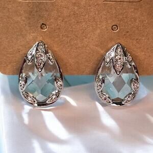 Teardrop Crystal Rhinestone Earrings Silver Screw Back Vintage Art Deco Glam
